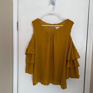 Cato Mustard Layered “Cold Shoulder” Sleeve Blouse